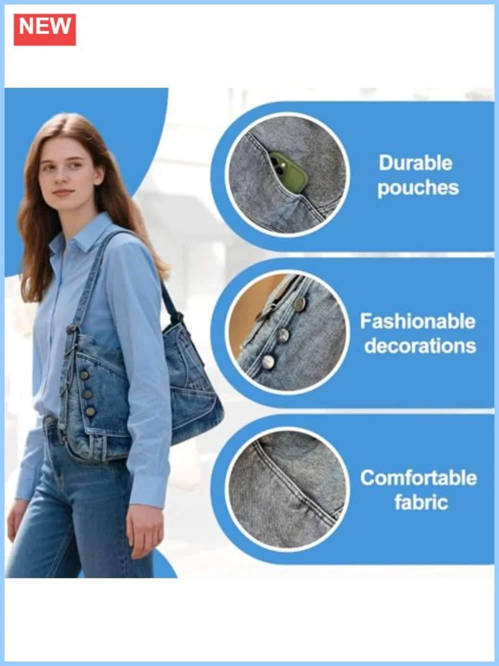 Women's Denim Shoulder Bag Vintage Crossbody Tote Large Capacity Hobo